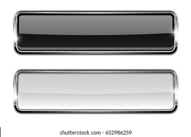 Black and white rectangle glass buttons with metal frame. Vector 3d illustration isolated on white background