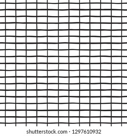 Black and white rectangle grid, plaid, table seamless pattern. Lattice, trellis texture. Vertical and horizontal hand drawn doodle uneven stripes, bars. Monochrome geometric fragment background. 