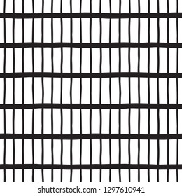 Black and white rectangle grid, plaid, table seamless pattern. Lattice, trellis texture. Vertical and horizontal hand drawn doodle uneven stripes, bars. Monochrome geometric fragment background. 