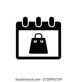 Ícone de calendário retangular preto e branco com símbolo de saco de compras no centro