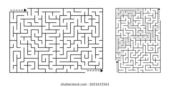 Black and white rectangular maze – medium difficulty printable puzzle with clean line art design. Minimalist vector layout with solution included. Great for all ages.