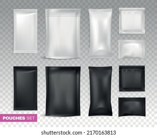 Black and white rectangular and square plastic pouches for packaging of small portions goods or food on transparent background realistic vector illustration