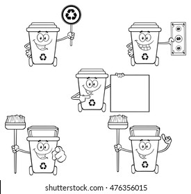 Black And White Recycle Bin Cartoon Character. Vector Collection Set Isolated On White Background