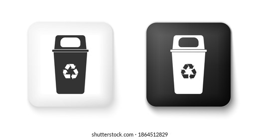 Black and white Recycle bin with recycle symbol icon isolated on white background. Trash can icon. Garbage bin sign. Recycle basket sign. Square button. Vector.