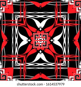 Black white red abstract vector seamless pattern. Modern geometric background. Floral Paisley flowers ornament. Square frames, stripes, lines, shapes. Greek key meanders. Tribal ethnic style design.