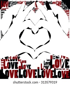 Black and white and red  background with hands together create Love heart symbol and Love words together vector print pattern. For fashion and graphic design, t shirt print, valentines day gift