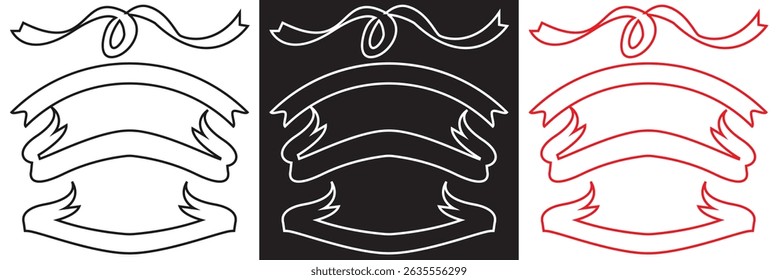 Black, white and red banner, ribbon icon. Modern to vintage styles. Straight edged, curved, waved design. Vector for websites, mobile interfaces, presentations, banner, visual branding etc. EPS 10