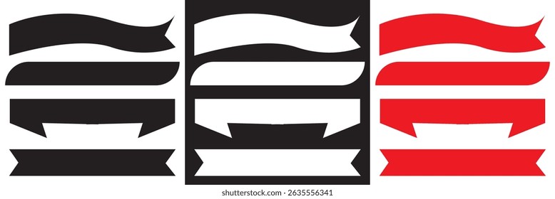 Black, white and red banner, ribbon icon. Modern to vintage styles. Straight edged, curved, waved design. Vector for websites, mobile interfaces, presentations, banner, visual branding etc. EPS 10