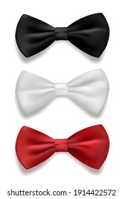 Black, white and red bow tie set. Classic silk or satin neckties vector illustration. Realistic gentleman formal luxury fashion element of costume for ceremony, wedding or party.