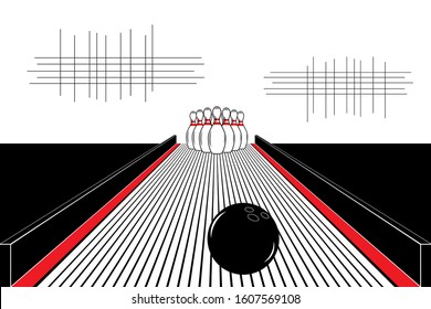 Black, White and Red Bowling with Skittles. Leisure Sports Game. Vector. 3D Illustration.