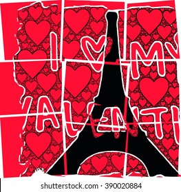 Black and white with red colors heart pattern and Eiffel tower silhouette illustration together vector print pattern. For fashion and graphic design, Special day valentines gift print offer t shirt.