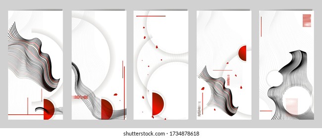 Black white red colors poster design Japanese style templates set invitations to lines abstract background. Stock illustration artwork business style