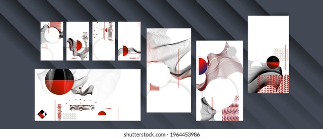 Black white red colors poster design Japanese style templates set invitations to lines abstract background. Stock illustration artwork business style