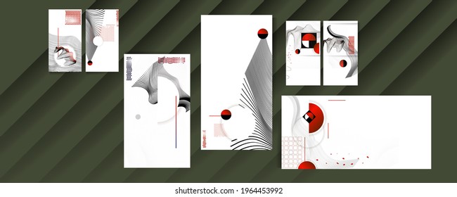 Black white red colors poster design Japanese style templates set invitations to lines abstract background. Stock illustration artwork business style