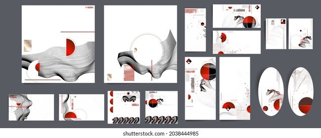 Black white red colors poster design Japanese style templates set invitations to lines abstract background. Stock illustration artwork business style