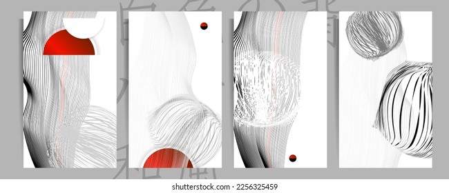Diseño de afiches de colores rojos negros Las plantillas de estilo japonés establecen invitaciones a líneas de fondo abstracto. Estilo de negocio de ilustraciones de ilustraciones de acciones