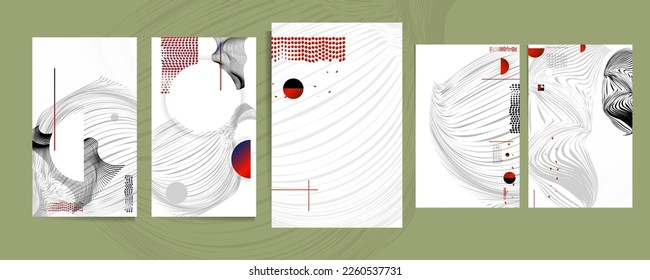 Black white red colors poster design Japanese style templates set invitations to lines abstract background. Stock illustration artwork business style