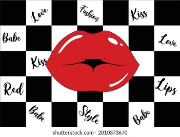 black white red design hand drawn seamless pattern red lips