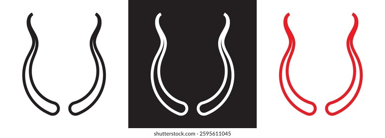 Black, white and red devil horns with curved shape design. Demon Horns. Halloween, evil, fantasy, spooky, horror concept.  Isolated on white,  and black background. Vector illustration. EPS 10
