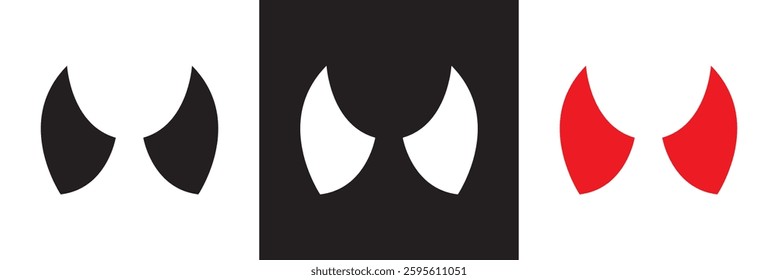 Black, white and red devil horns with curved shape design. Demon Horns. Halloween, evil, fantasy, spooky, horror concept.  Isolated on white,  and black background. Vector illustration. EPS 10