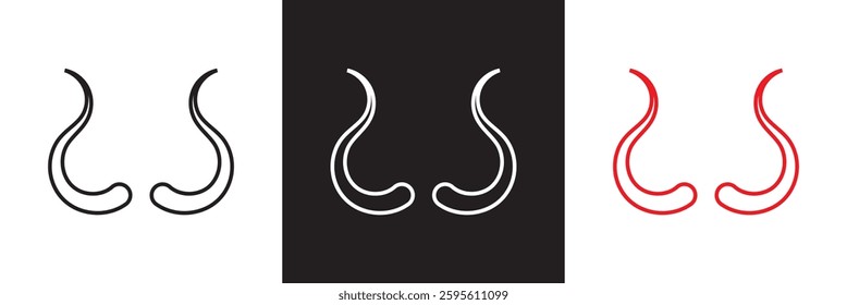 Black, white and red devil horns with curved shape design. Demon Horns. Halloween, evil, fantasy, spooky, horror concept.  Isolated on white,  and black background. Vector illustration. EPS 10