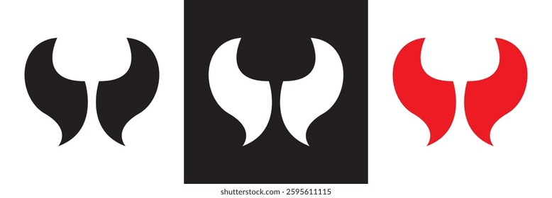 Black, white and red devil horns with curved shape design. Demon Horns. Halloween, evil, fantasy, spooky, horror concept.  Isolated on white,  and black background. Vector illustration. EPS 10
