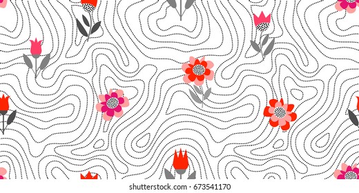 Black, white and red dotted pattern. Floral print with geometric elements. Seamless vector background inspired by 1960s textile design. Poppies and tulips on light background.