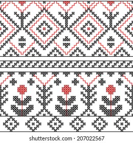 Black white and red ethnic geometric and floral cross stitch seamless pattern, vector