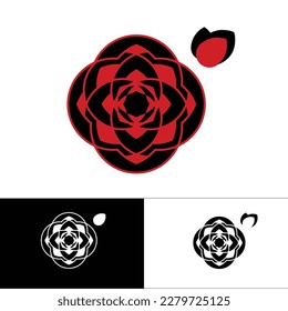Black, white and Red flower logo concept, rose, peony, 