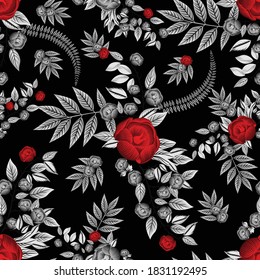 black and white with red  flower seamless  pattern on black