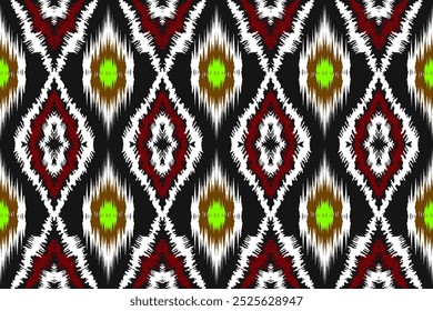 Black, White, and Red Folk Diamond Ikat Pattern for Traditional Fashion, Home Decor, and Cultural Craft Projects.