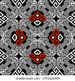 Black white red geometric tribal greek vector seamless pattern. Ethnic style ornamental abstract background. Decorative traditional ornaments with rhombus, frames, geometry shapes, greek key, meander.