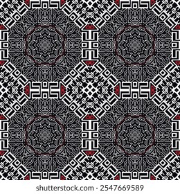 Black white red greek seamless pattern with greek key meanders, linrs flowers. Vector ornamental greek background. Elegant repeat Deco backdrop.  Modern symmetrical abstract design. Endless texture.