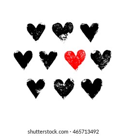 Black white and red grunge hearts print, vector illustration