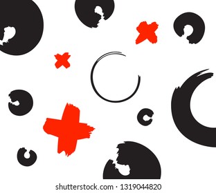 Black, white and red hand drawn pattern with x and o symbols on white background.  Vector ink repeating cross and zero or xo sign