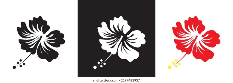 Black, white and red Hibiscus Flower icon. A Simple, Elegant Design Ideal for Beauty, Nature, or Floral-related Branding Projects. Vector illustration. isolated on white and black background. EPS 10