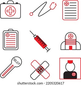 black white red icon set types of medical equipment such as medical box, stethoscope, injection, bandage, thermometer, hospital and nurse and medicine prescription