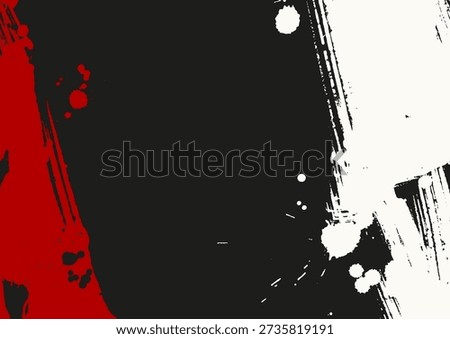 Black, white and red ink splashes and brush strokes forming abstract illustration, minimal vector background for posters, banners, and modern design.