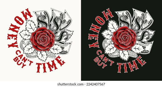 Black, white, red label with cash money, rose, coins, dollar sign, text Money can't buy time. Creative meaningful illustration in vintage style for prints, clothing, tattoo, surface design.