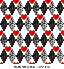 Black and White, Red Love Valentin's Day, harlequin seamless background with rhombus and hearts