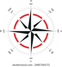 Black, white and red navigation symbol for orienteering. Map direction vintage compass. Ancient marine wind measure vector icon isolated. Old sea or ocean navigation compass for ocean or marine retro.