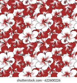 Black, white and red ornament of simple hibiscus flowers, vector abstract seamless pattern for design and textile.