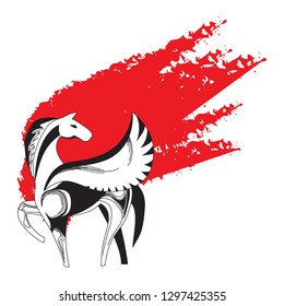 Black, white and red Pegasus. Vector illustration.
