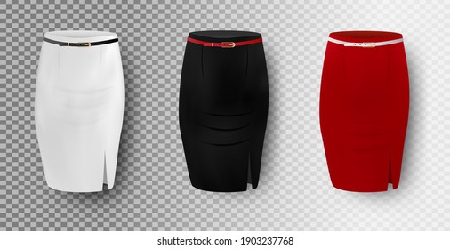 Black, white and red pencil skirt mockup set, vector illustration isolated on transparent background. Elegant slim fitting skirts. Women apparel, ladies clothing and fashion.