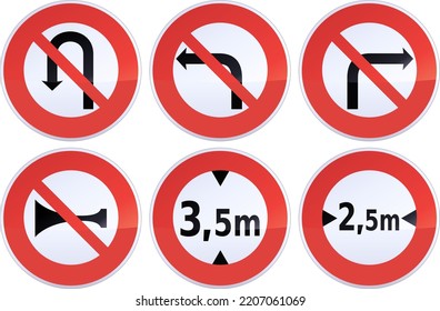 Black, white and red road prohibition signs prohibiting right and left turns, U-turns, honking and prohibition of vehicles of a height and width (metal reflection)