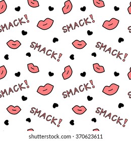 Black White And Red Seamless Vector Pattern Background Illustration With Lips Hearts And Smack Words