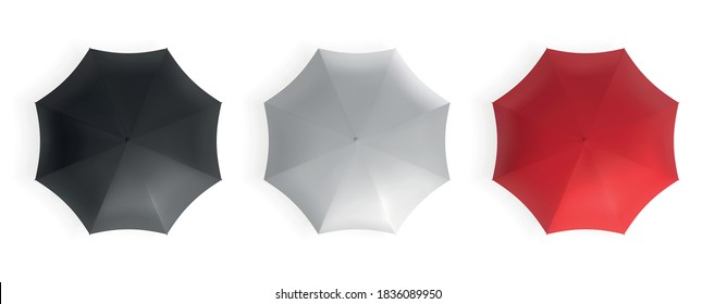 Black, white and red top view umbrellas set. Realistic vector mockup