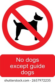 Black, white and red vector graphic of No dogs allowed except guide dogs prohibited warning sign