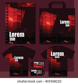 black white and red vector templates - T-shirt, price list, a notepad, a package