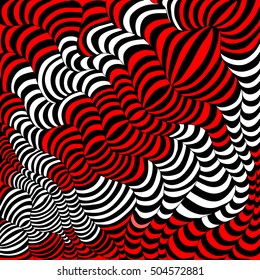 Black, white and red wavy stripes. Hand drawn vector illustration doodles in doodles style. Optical design.